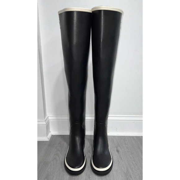 Chanel 22K Black White Caoutchouc CC Logo Thigh High Pull On Rubber Rain Boot 40 - Picture 6 of 12
